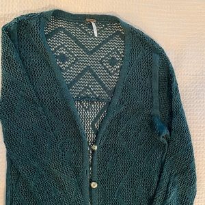 Free People Open knit teal cotton duster. Looks great with leggings & boots.